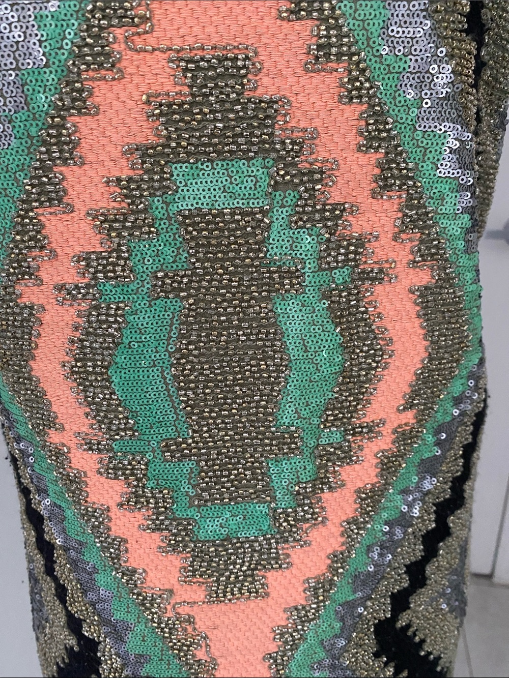 English Rose Mini Sheath Dress w breaded Geo-Pattern in Coral & Green Sze Medium - Picture 7 of 15